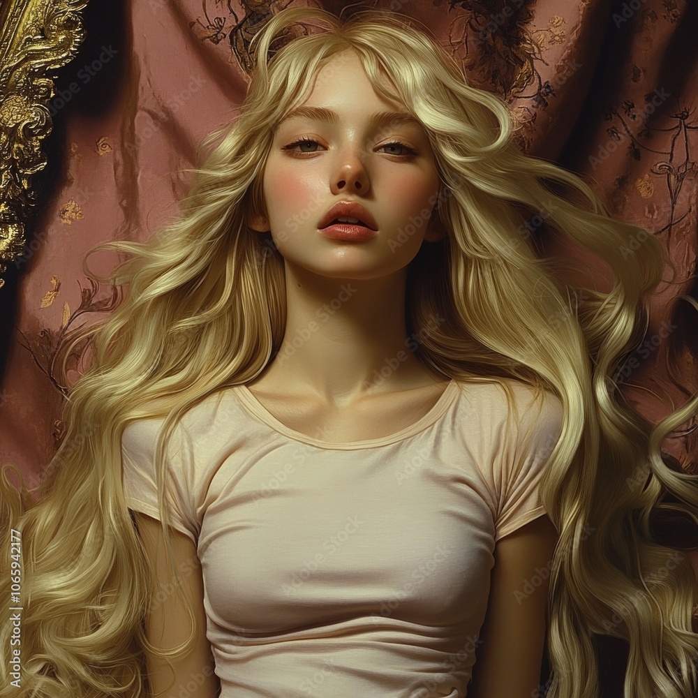 Blonde woman with long, wavy hair posing in a soft-lit room with an ornate, vintage backdrop. Styled in pastel colors with a calm, serene expression. Blonde woman with long, wavy hair posing in a soft-lit room with an ornate, vintage backdrop. Styled in pastel colors with a calm, serene expression.