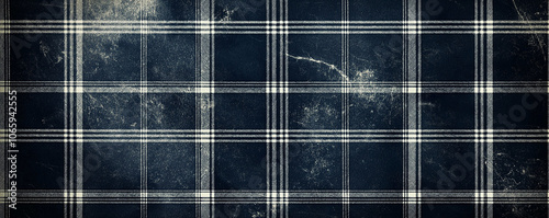 Vintage navy blue and white tartan pattern with distressed texture