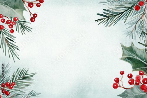 Traditional Christmas Frame with a Watercolor tree branches and berries