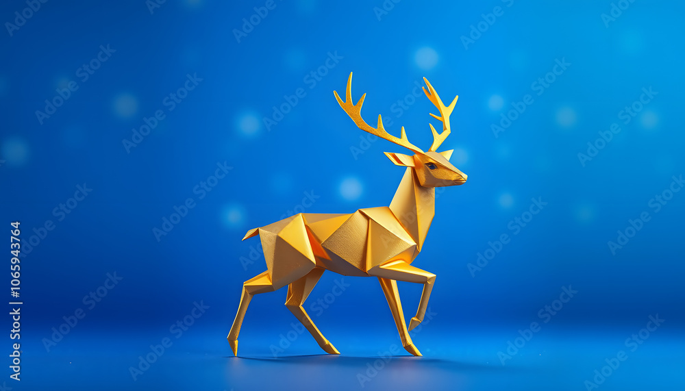 Fototapeta premium Christmas - Magic Golden Deer In Shiny Blue Background isolated with white highlights, png