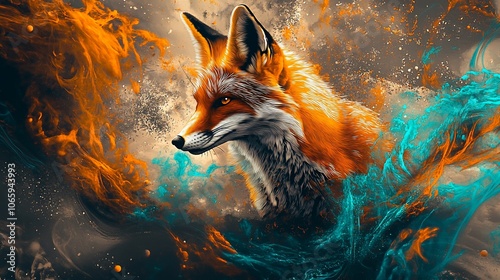 A red fox with a vibrant orange and blue fire-like background. The fox is looking off to the side, with a curious expression. photo