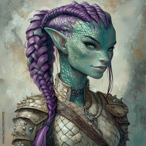 A unique fantasy creature with striking purple hair and vivid green skin, truly captivating