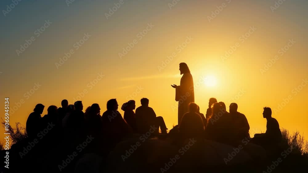 
This image captures the silhouette of jesus delivering a powerful sermon from a mountain top. The serene landscape enhances the biblical scene, representing faith, hope, and inspiration.