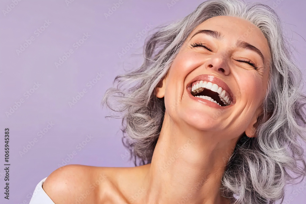 middle-aged woman with natural grey curls laughing genuinely, soft purple backdrop middle-aged woman with natural grey curls laughing genuinely, soft purple backdrop