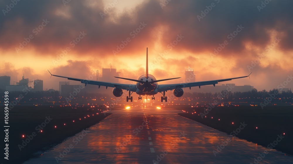 Airplane landing on runway at sunset with city skyline in background. Airplane landing on runway at sunset with city skyline in background.
