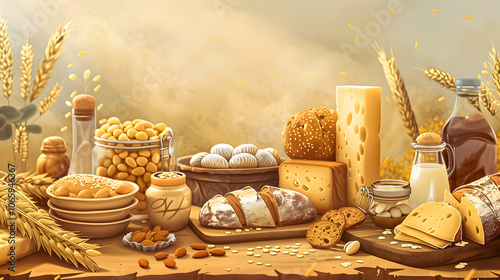 Rustic display of assorted breads, cheeses, grains, and dairy products, arranged artistically with a soft, golden wheat background. photo