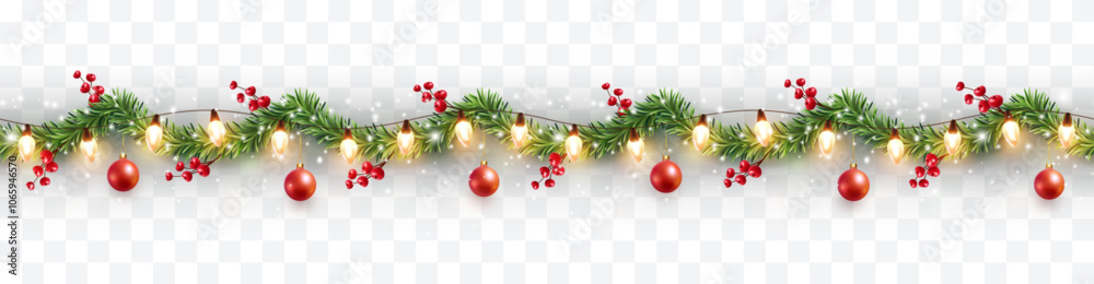 Naklejka premium Border with green fir branches, red balls, berries, gold lights isolated on transparent background. Pine, xmas evergreen plants seamless banner. Vector Christmas tree garland decoration