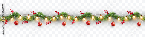 Border with green fir branches, red balls, berries, gold lights isolated on transparent background. Pine, xmas evergreen plants seamless banner. Vector Christmas tree garland decoration