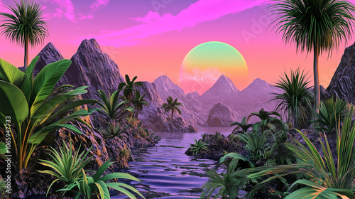 Vaporwave Tropical Landscape Wallpaper photo