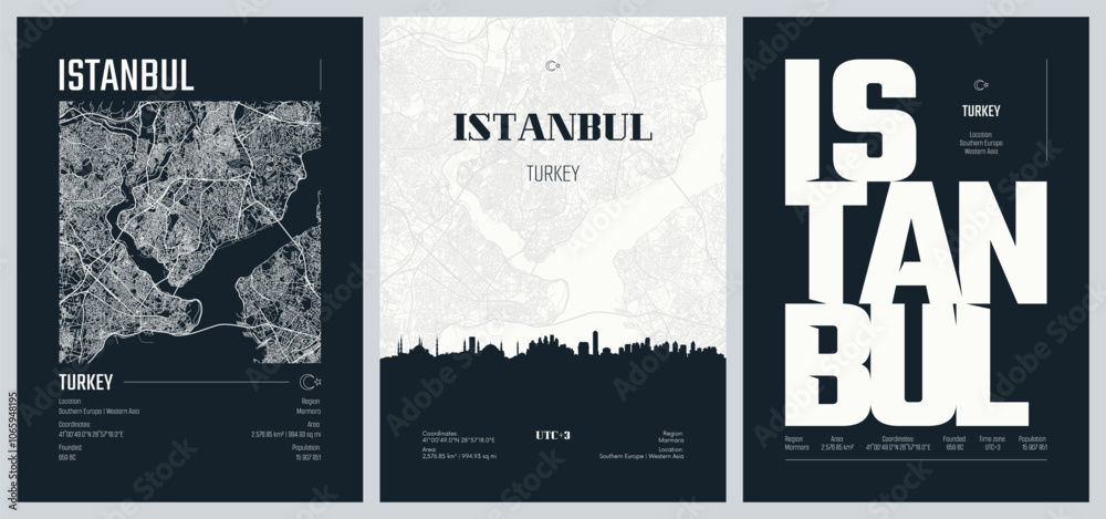 Obraz premium Set of travel posters with Istanbul, detailed urban street plan city map, Silhouette city skyline, vector artwork, set 2