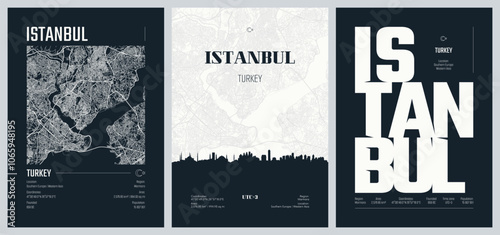 Set of travel posters with Istanbul, detailed urban street plan city map, Silhouette city skyline, vector artwork, set 2