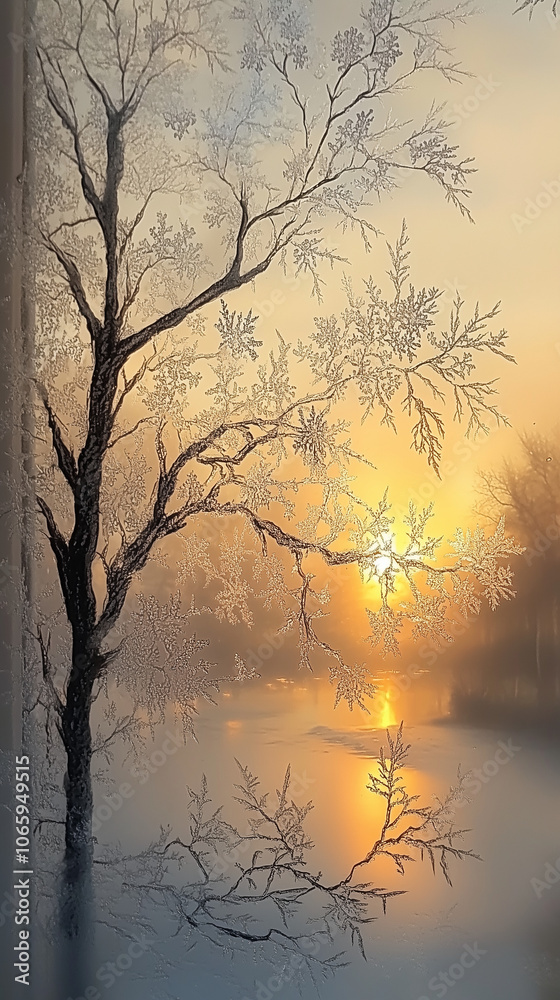 Obraz premium Frosty window view of trees at sunset over a serene water landscape 