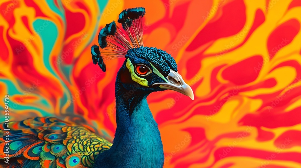 Fototapeta premium A close-up portrait of a peacock with vibrant blue feathers and a colorful abstract background.