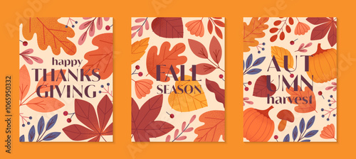 Autumn thanksgiving and harvest poster with leaves,berries,plants in fall colors.Vector autum seasonal illustrations.Trendy fall templates for prints,ad,smm,banners,invitations,covers