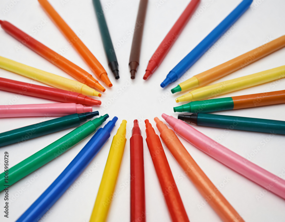 Fototapeta premium Bright multi -colored felt -tip pens on a white background.