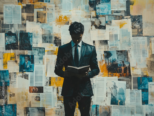 Portrait d'un homme élégant avec un livre en costume cravate devant un mur rempli d'articles de journaux : portrait d'un pigiste, éditeur, communicant, rédacteur ou manager dans la presse et l'édition
