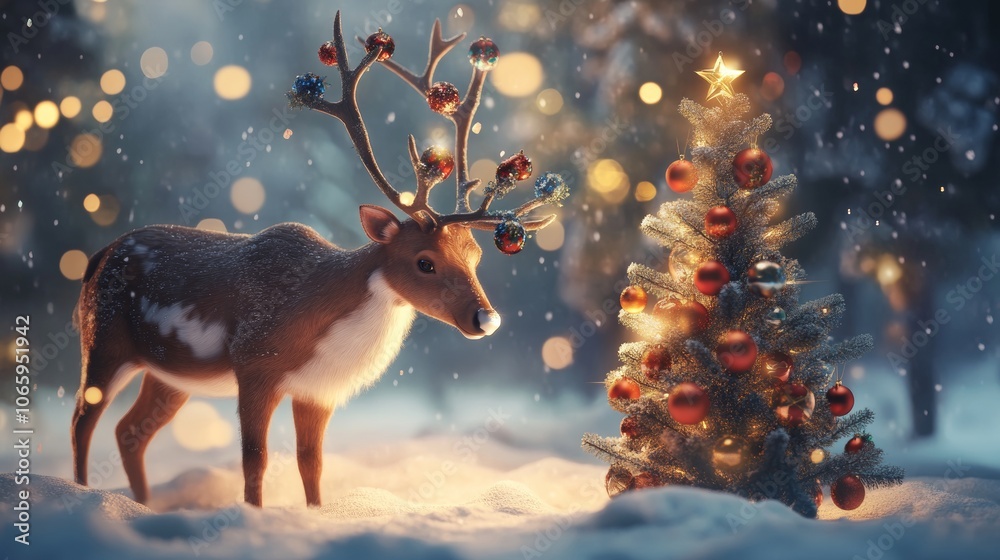 Christmas deer bowl Christmas balls in its horn next to a Christmas tree