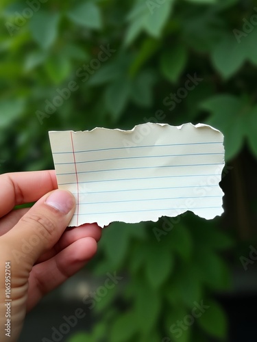 A hand holding a torn piece of lined notebook paper