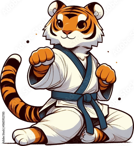 cute cartoon tiger in karate and taekwondo kimono 