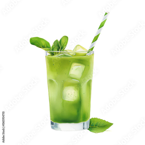 Green beverage with lime and ice, white isolate background.