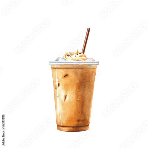 Iced coffee drink in a clear cup with whipped cream