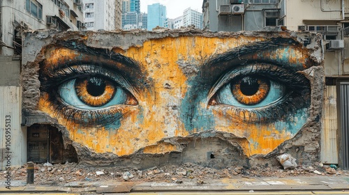A large mural of a pair of eyes painted on a cracked and broken wall in a city setting.