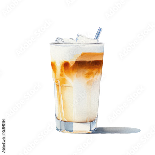 Iced coffee drink with cream and ice, white isolated background