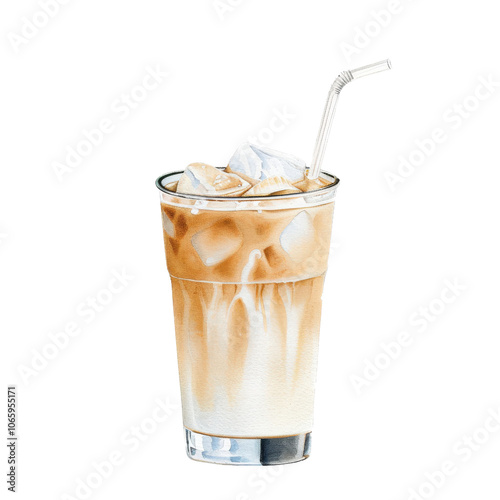Iced coffee drink with ice cubes and straw, white isolated background