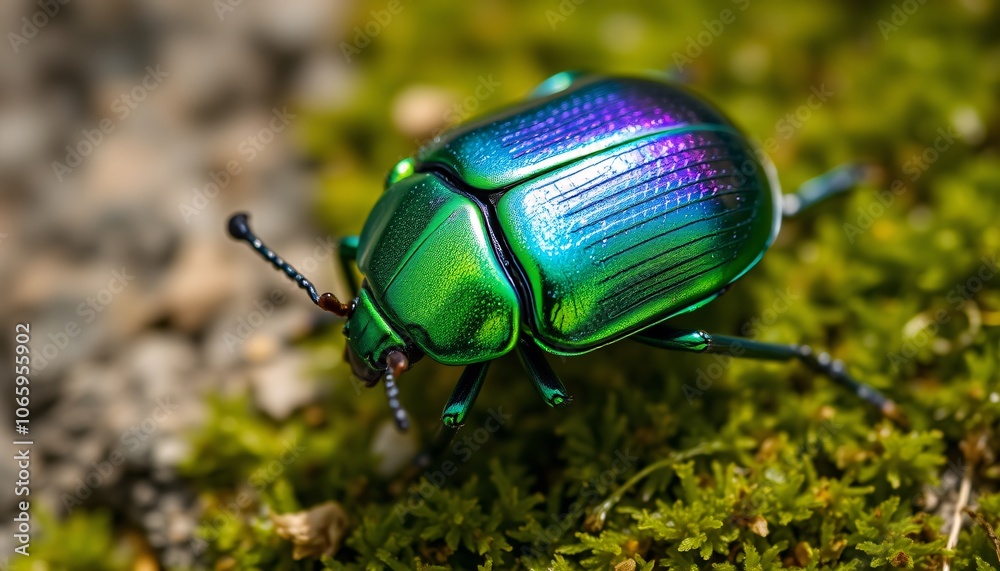 Vibrant Green Beetle Explores Lush Mossy Habitat Vibrant Green Beetle Explores Lush Mossy Habitat
