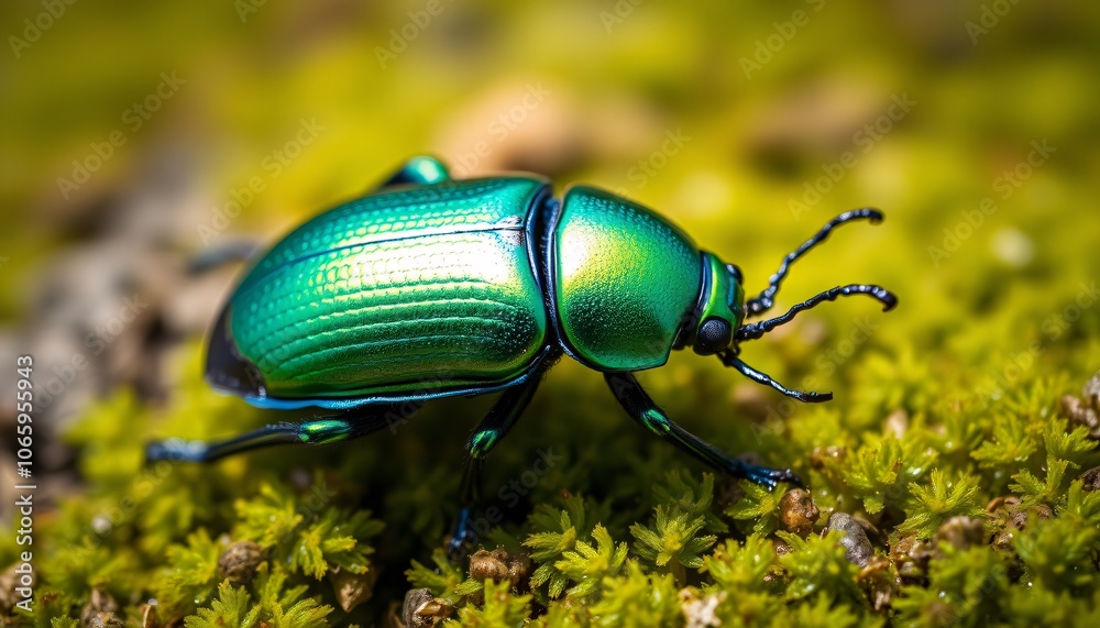Vibrant Green Beetle Explores Lush Mossy Habitat Vibrant Green Beetle Explores Lush Mossy Habitat