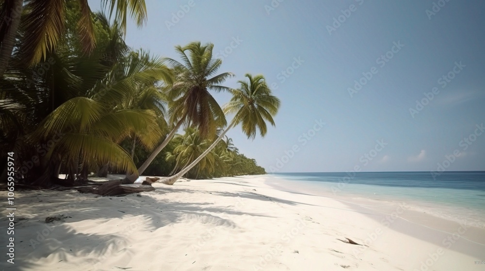 Obraz premium Tropical Beach with Palm Trees and Clear Blue Water