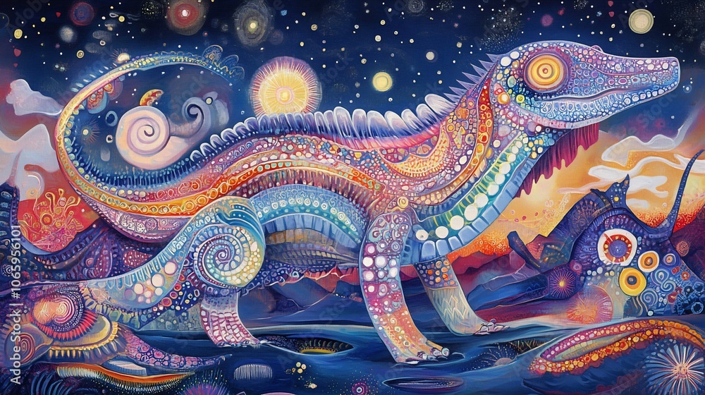 Obraz premium A brightly colored dinosaur stands on a desert landscape under a starry night sky.