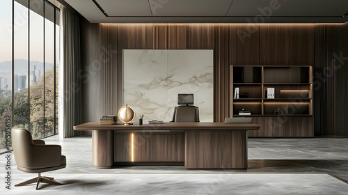 Modern Office Environment with Minimalistic Design and Furniture . illustration