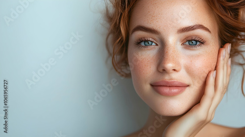 Portrait of a woman with healthy skin against a grey background, promoting natural beauty . illustration