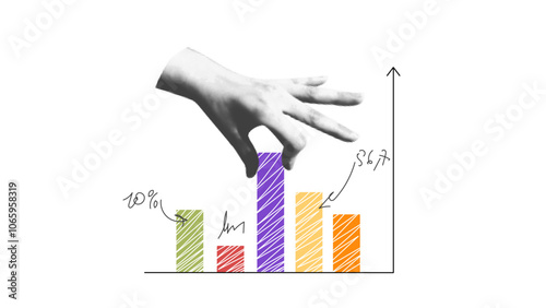 stylish collage chart with statistics graph and handwritten notes in vector with halftone hands cut out