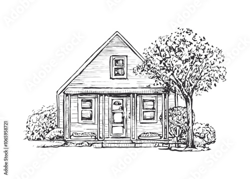 A charming hand drawn sketch of a small cottage with a sloping roof, a porch, and several windows