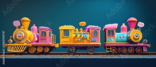 Colorful toy train with whimsical details on a dark background photo