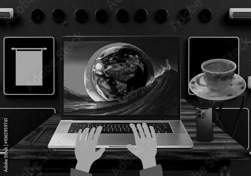 A person works on laptop on table with mobile, pencil and tea cup office, computer with globe illustration. Grab this artwork creation for decoration, adverisement, channel, website and print purposes photo