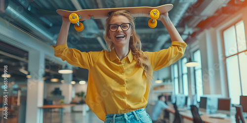Smiling Woman Holding Skateboard in Office, Young Professional with Fun Attitude

