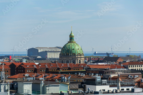 Copenhagen city skyline on sunny summer day, Denmark