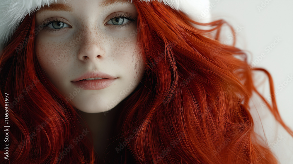 Fototapeta premium Red hair girl with long shiny hair wearing a Santa Claus hat on a white background, shampoo advertising