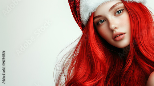 Red hair girl with long shiny hair wearing a Santa Claus hat on a white background, shampoo advertising