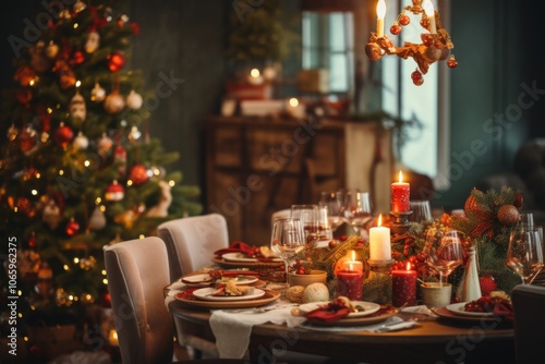 Swedish Christmas dinner tablet at festive cozy room background