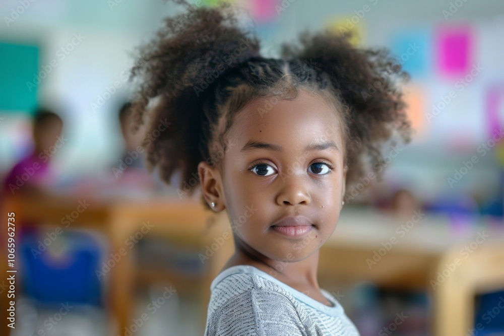 Portrait of a cute little girl in blurred classroom looking at camera Portrait of a cute little girl in blurred classroom looking at camera