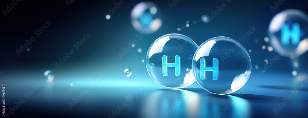 Hydrogen molecules in a futuristic digital concept with glowing atoms on a dark background.