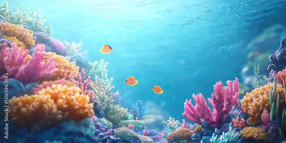 Obraz premium Vibrant Coral Reef with Three Yellow Fish Swimming in Clear Blue Water