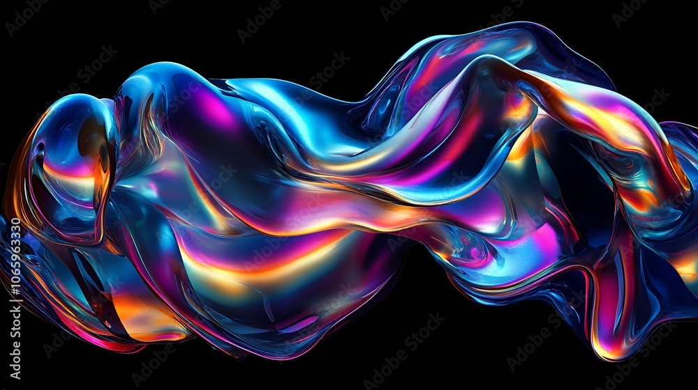 Obraz premium Flowing Metallic glass Waves in Neon Blue and Pink on Dark Background - Abstract Design Concept