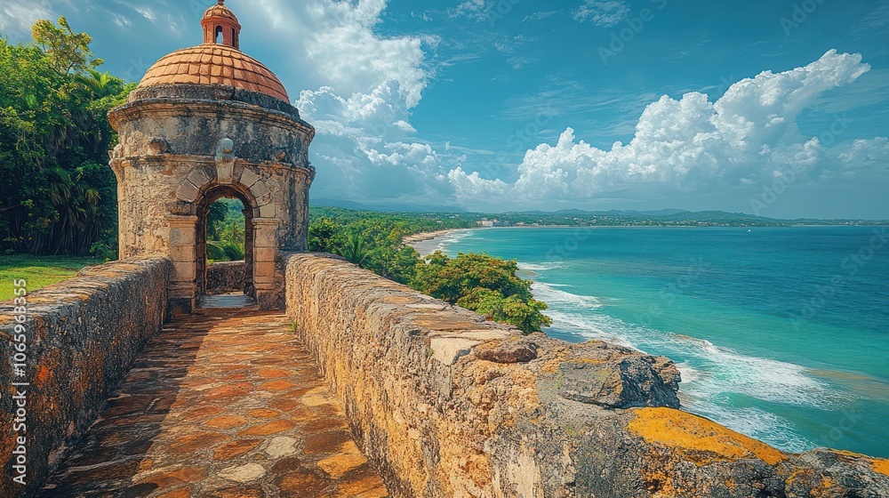 Obraz premium A stone watchtower overlooks a tropical beach with blue water and white sand.