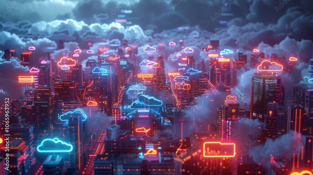 Fototapeta premium Cyberpunk Cityscape with Cloud Computing