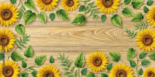 Abstract pattern created from sunflowers and leaves in a repeating design on a natural wood texture, organic shapes, sunflower wallpaper, earthy patterns, forest floor design photo